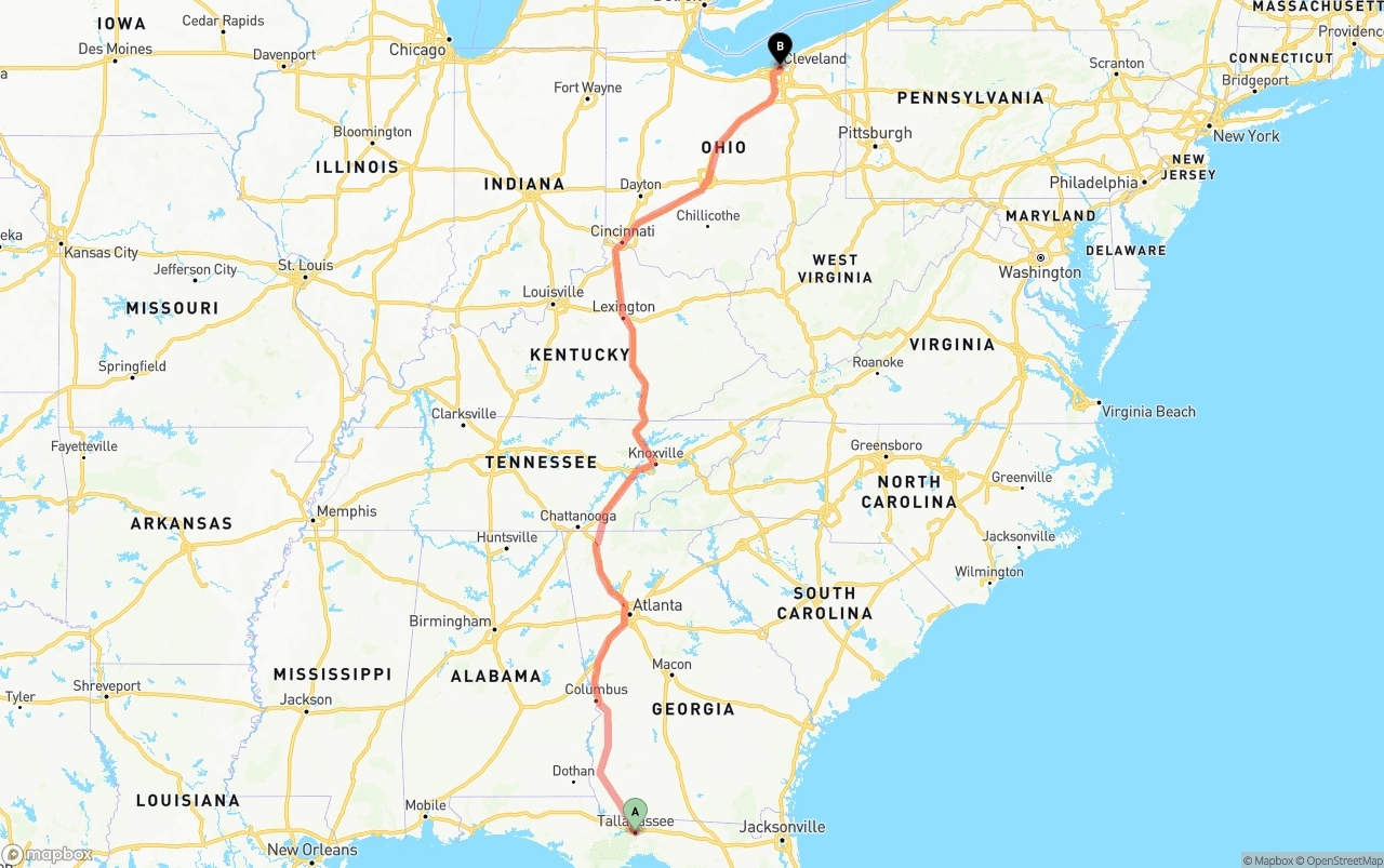 Shipping route from Tallahassee to Cleveland