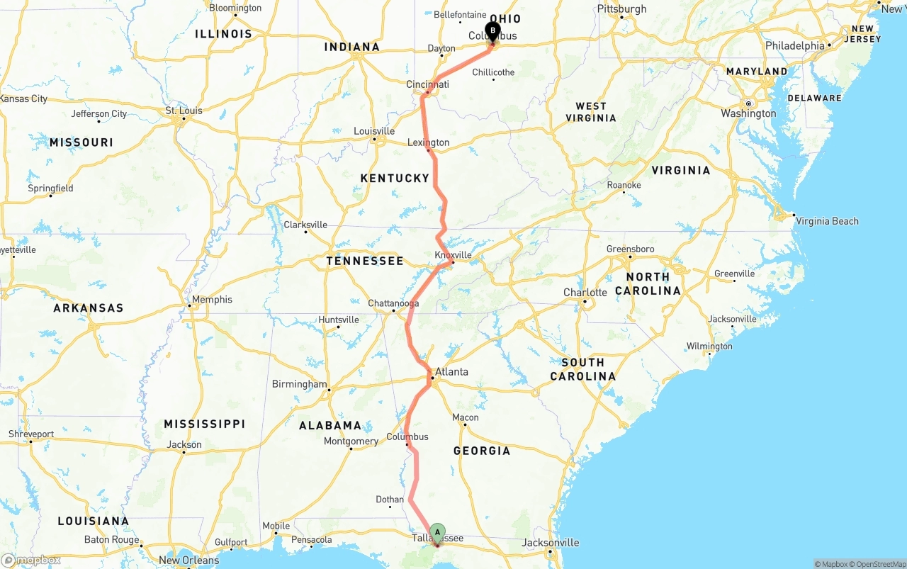 Shipping route from Tallahassee to Columbus