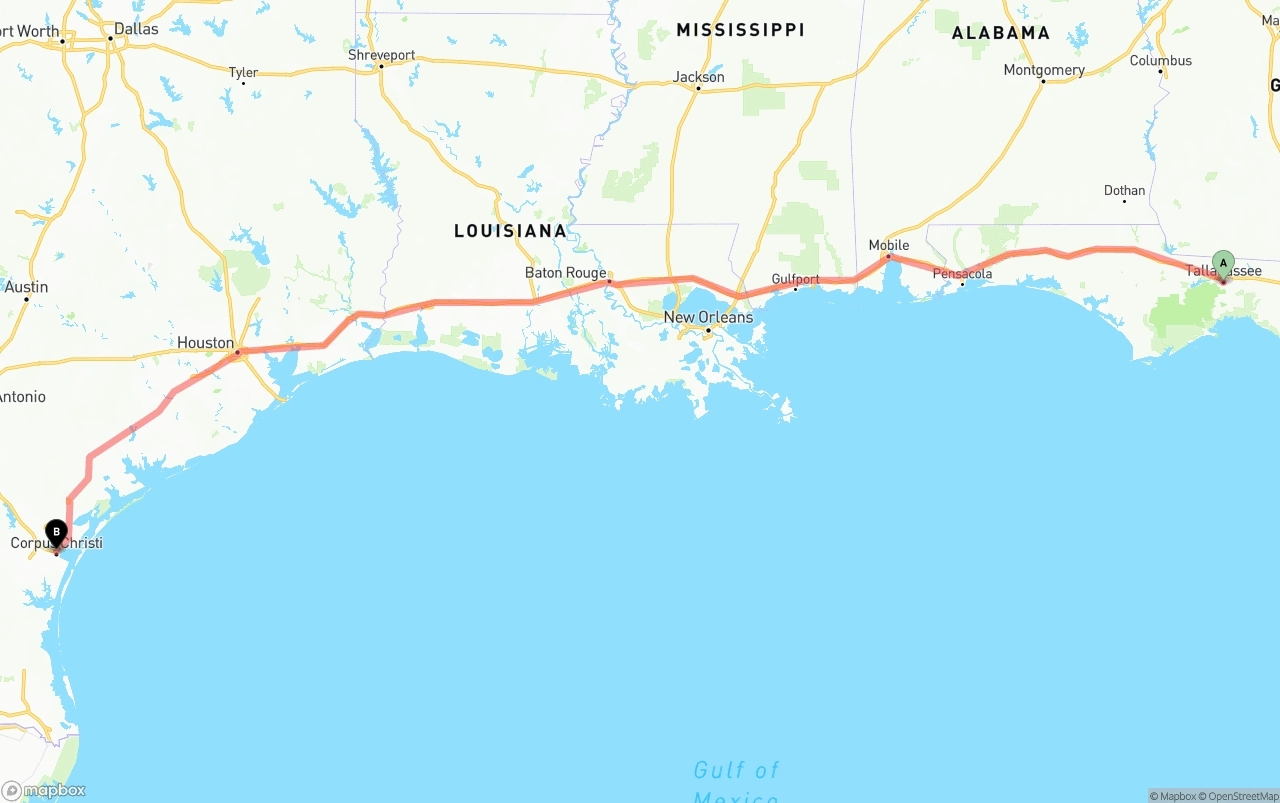 Shipping route from Tallahassee to Corpus Christi
