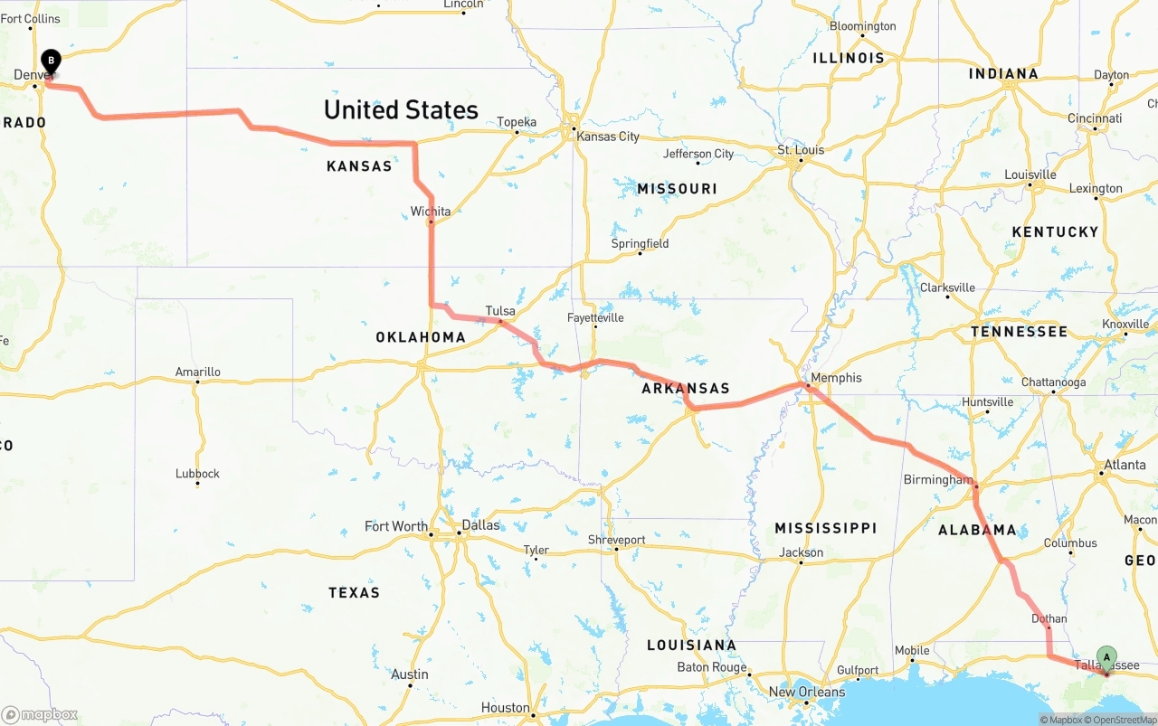 Shipping route from Tallahassee to Denver International Airport