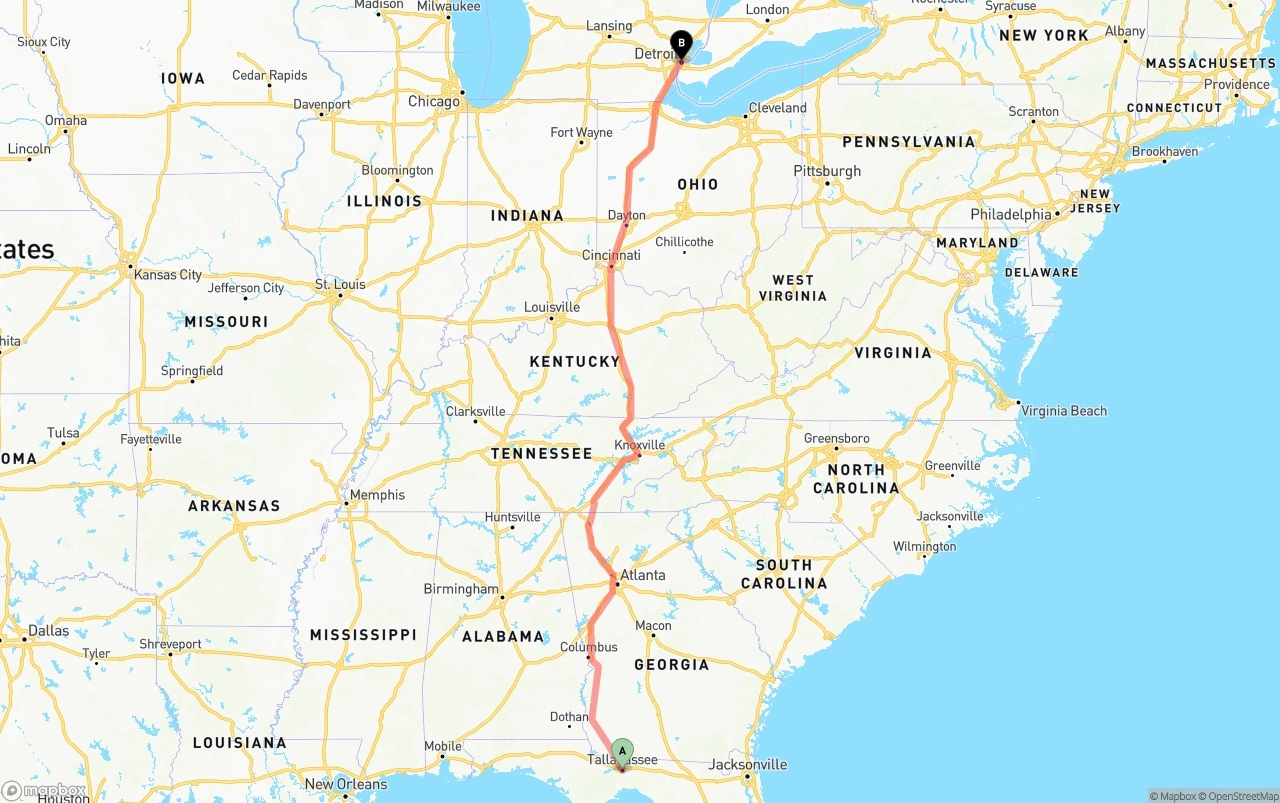 Shipping route from Tallahassee to Detroit