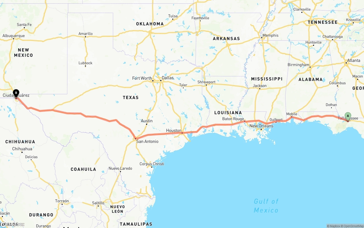 Shipping route from Tallahassee to El Paso