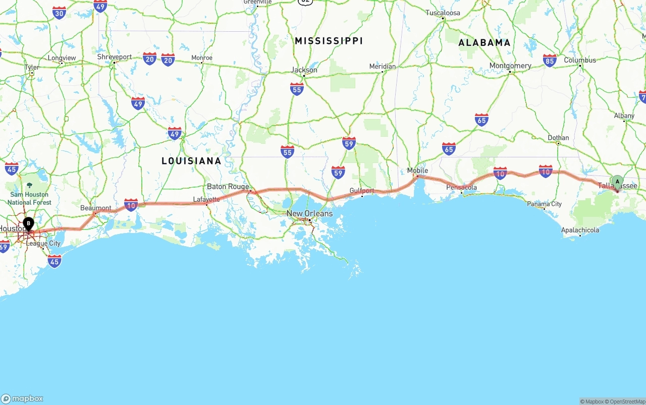 Shipping route from Tallahassee to Houston