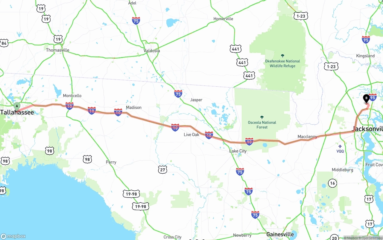 Shipping route from Tallahassee to Jacksonville International Airport