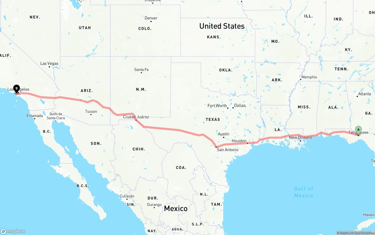 Shipping route from Tallahassee to Los Angeles International Airport