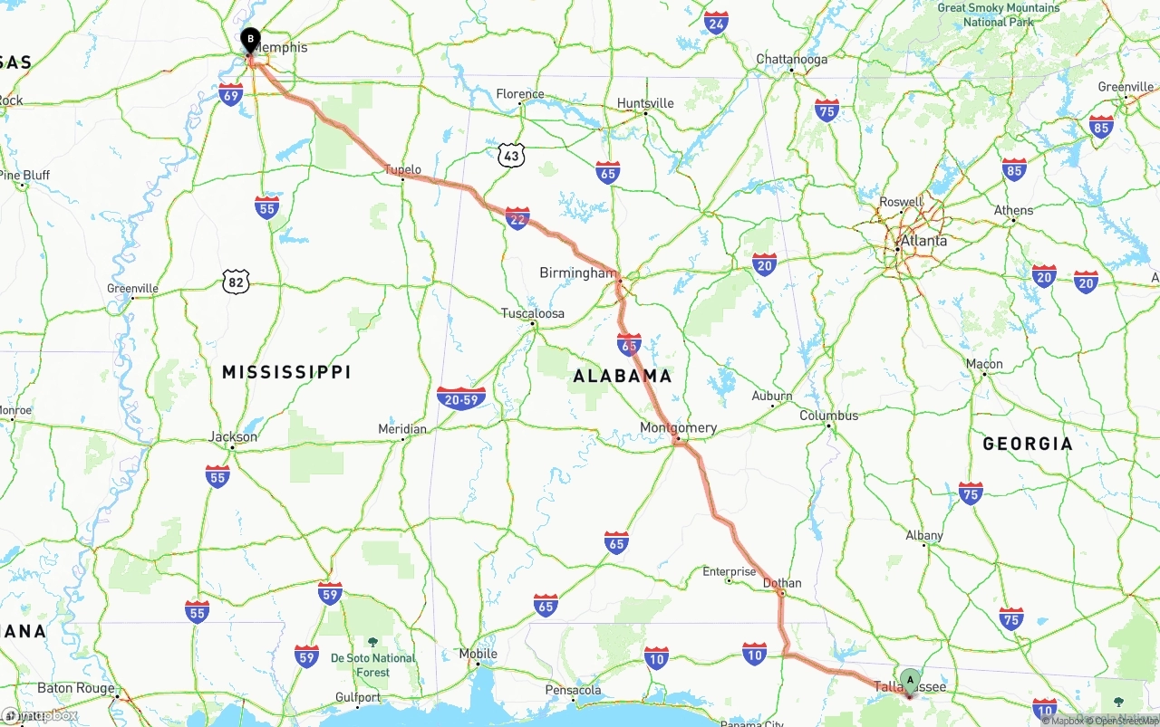 Shipping route from Tallahassee to Memphis
