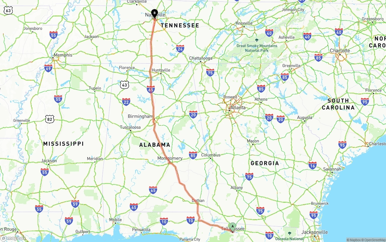 Shipping route from Tallahassee to Nashville