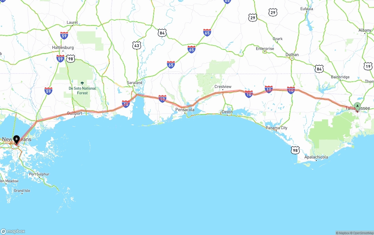 Shipping route from Tallahassee to New Orleans