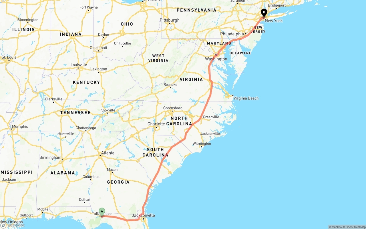Shipping route from Tallahassee to New York City