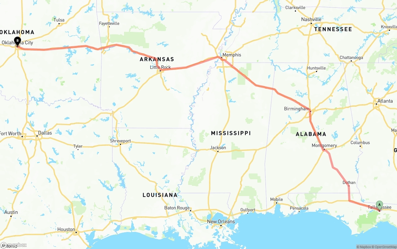 Shipping route from Tallahassee to Oklahoma City