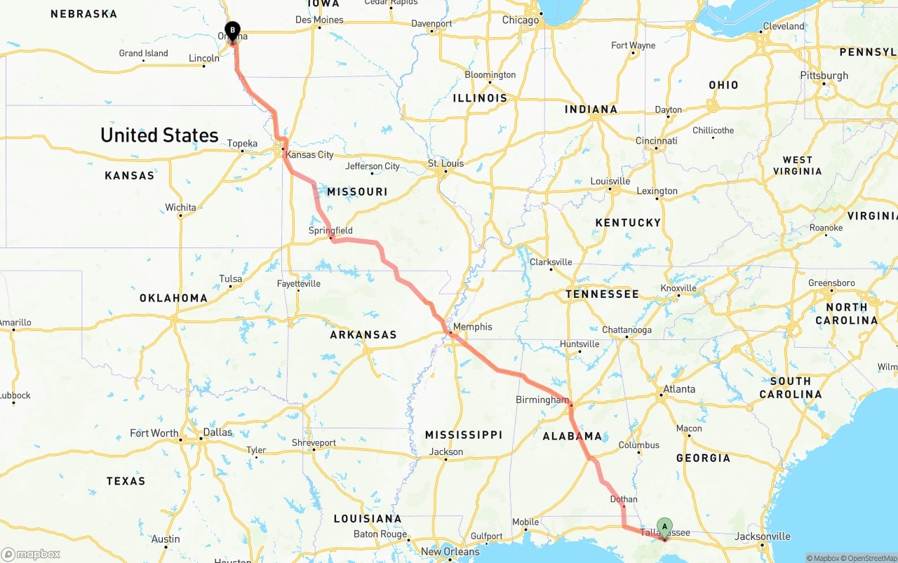 Shipping route from Tallahassee to Omaha