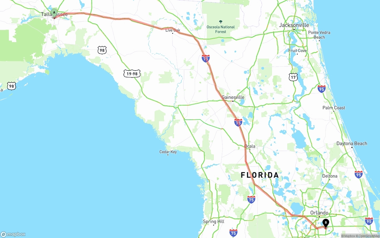 Shipping route from Tallahassee to Orlando International Airport