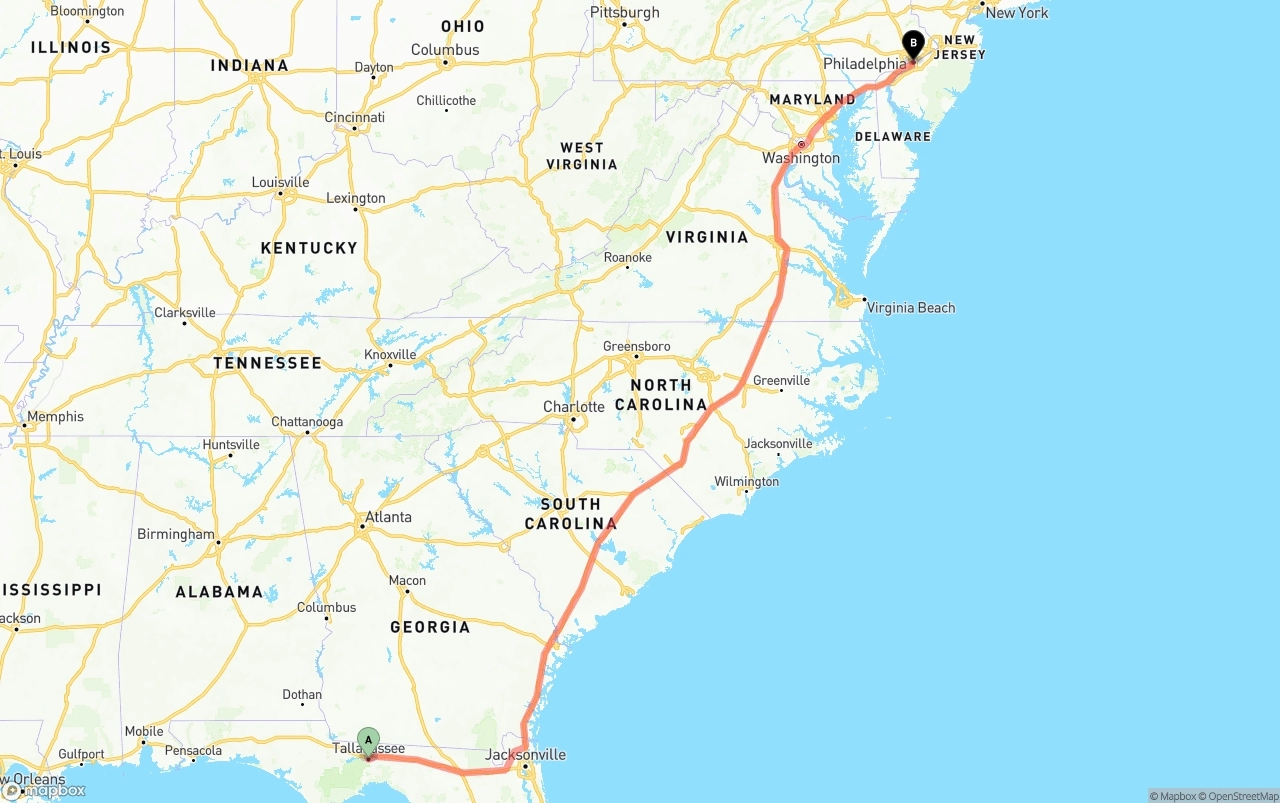 Shipping route from Tallahassee to Philadelphia