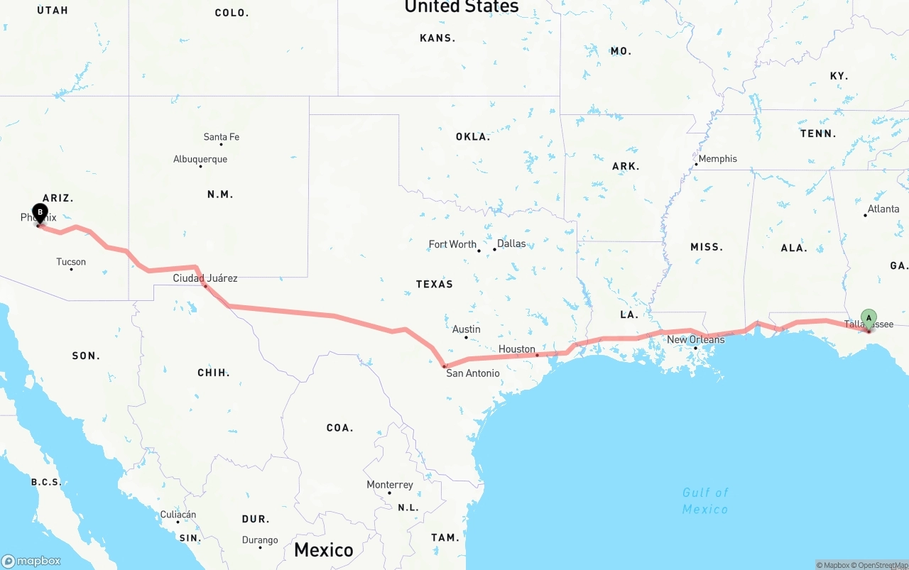 Shipping route from Tallahassee to Phoenix Sky Harbor International Airport