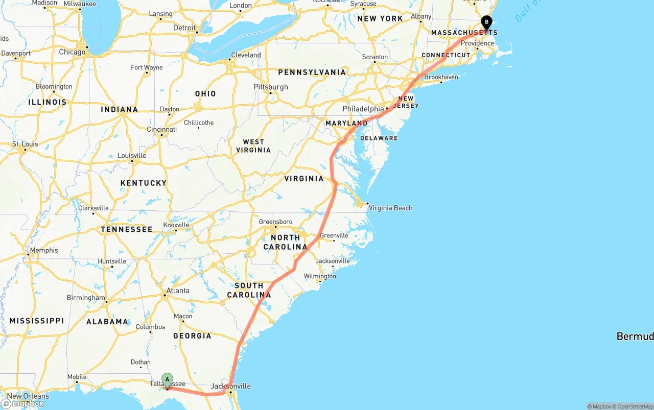Shipping route from Tallahassee to Port of Boston