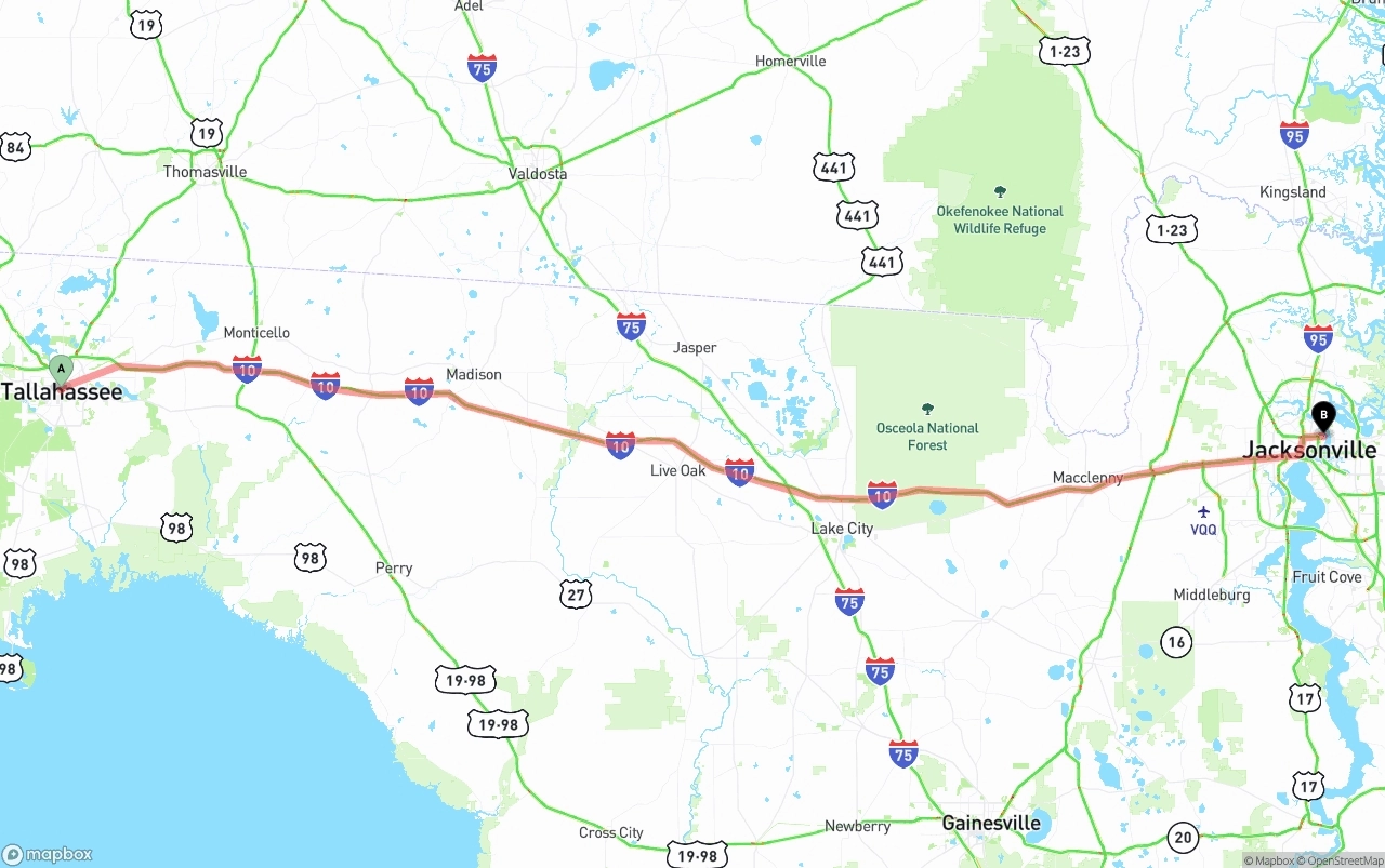 Shipping route from Tallahassee to Port of Jacksonville