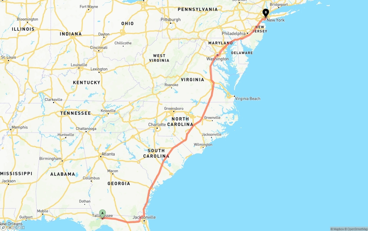 Shipping route from Tallahassee to Port of New York