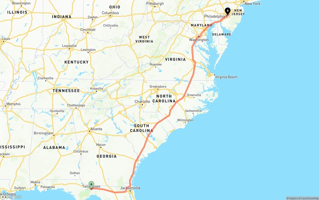 Shipping route from Tallahassee to Port of Philadelphia
