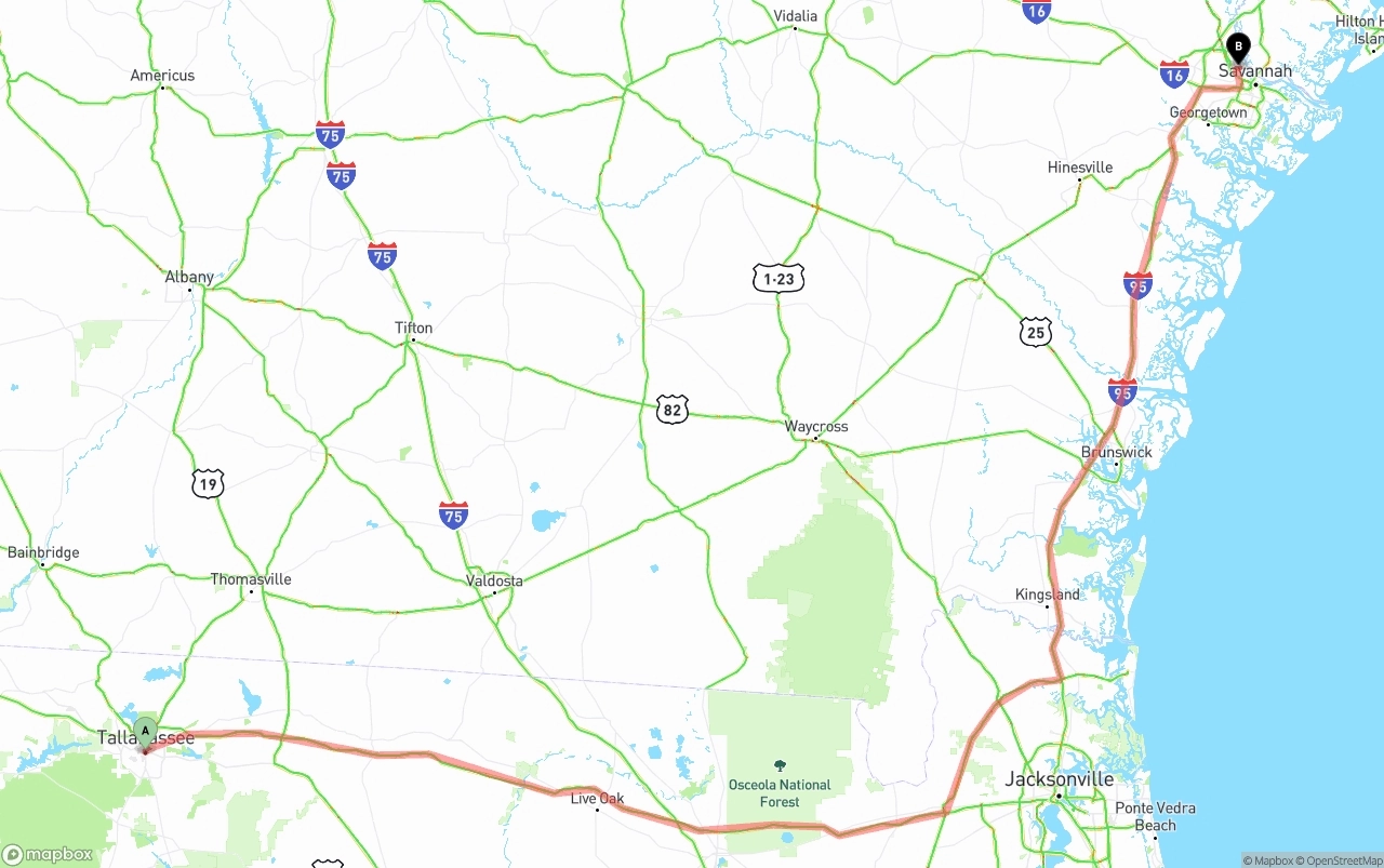 Shipping route from Tallahassee to Port of Savannah