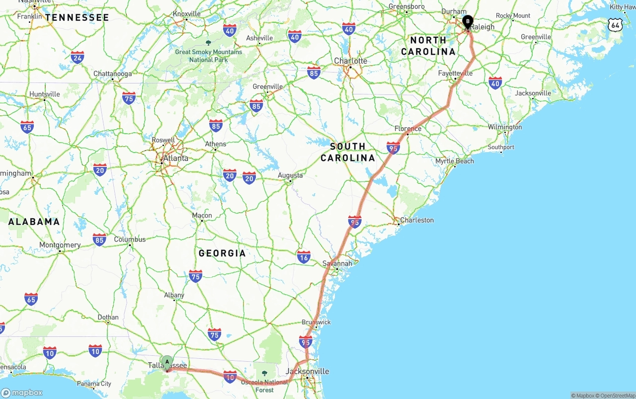 Shipping route from Tallahassee to Raleigh