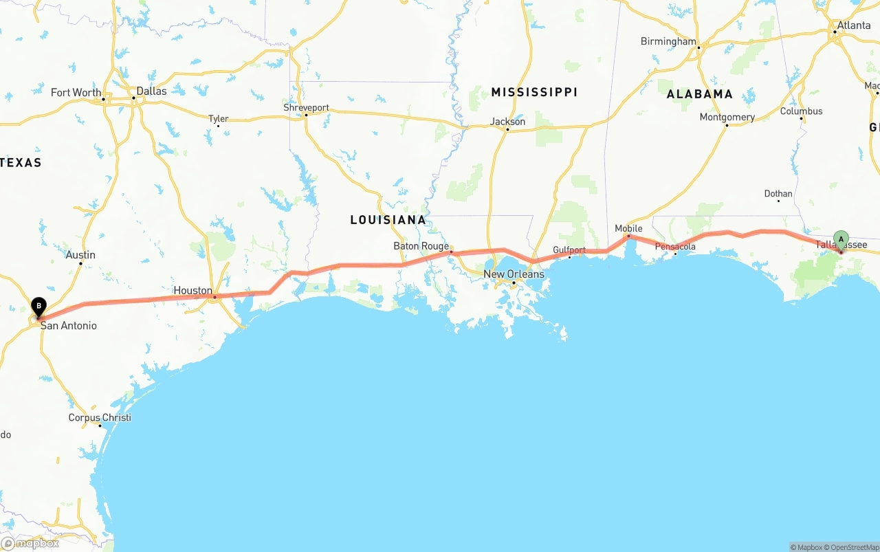 Shipping route from Tallahassee to San Antonio