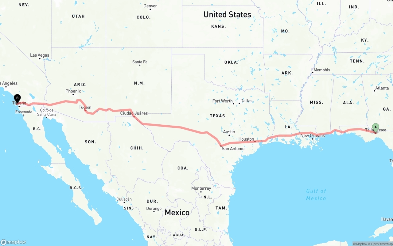 Shipping route from Tallahassee to San Diego International Airport