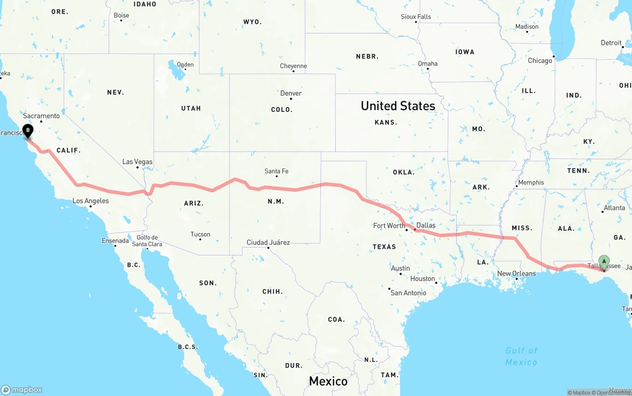 Shipping route from Tallahassee to San Francisco International Airport