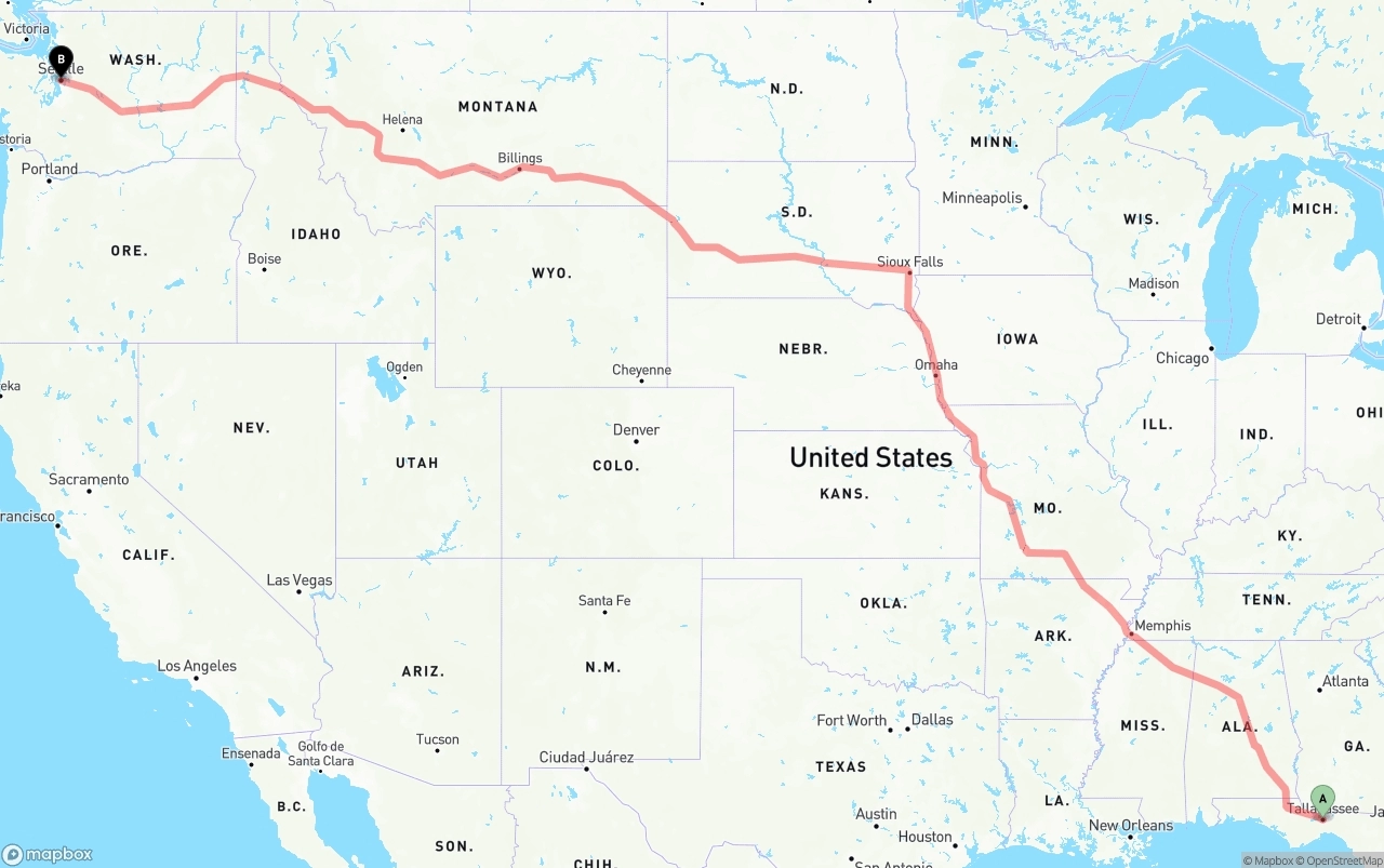 Shipping route from Tallahassee to Seattle