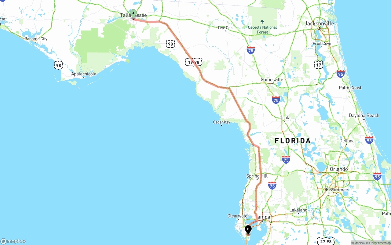 Shipping route from Tallahassee to St. Petersburg