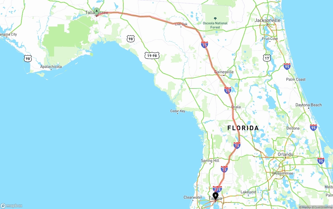 Shipping route from Tallahassee to Tampa