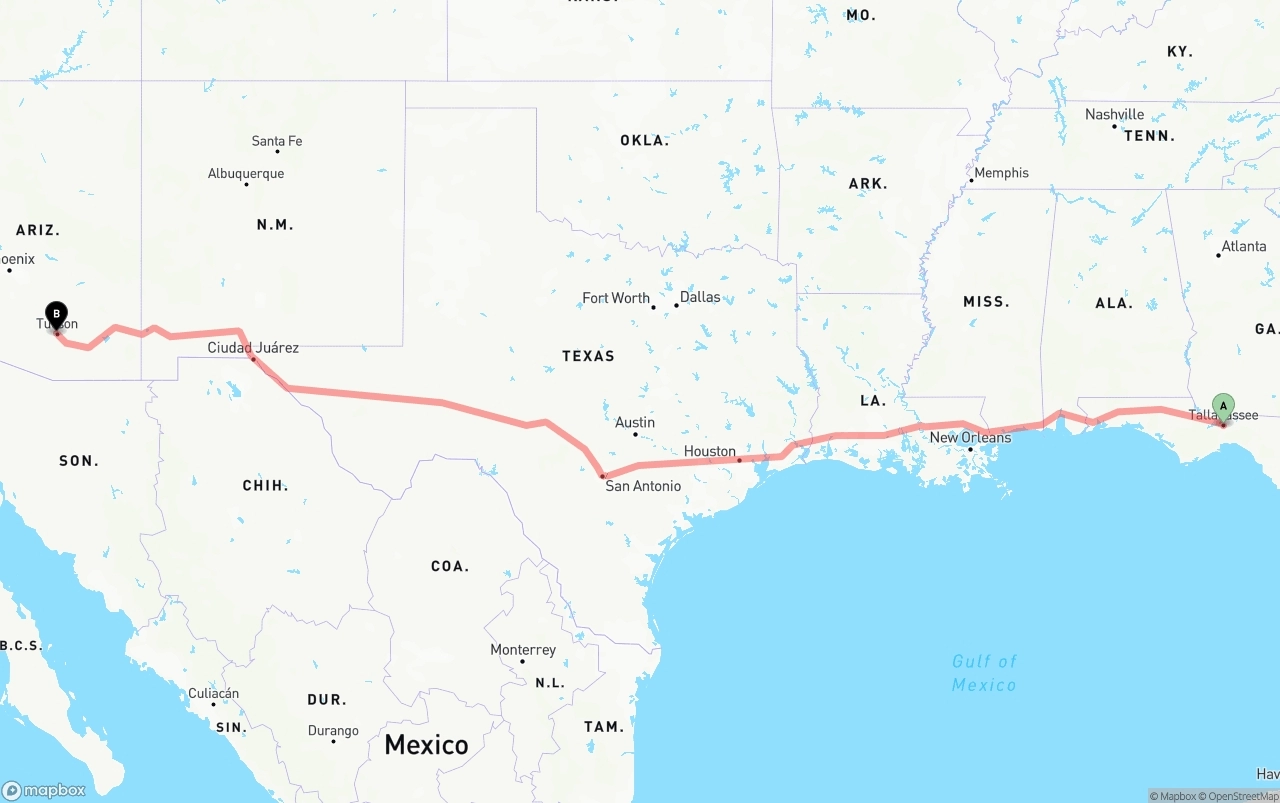 Shipping route from Tallahassee to Tucson