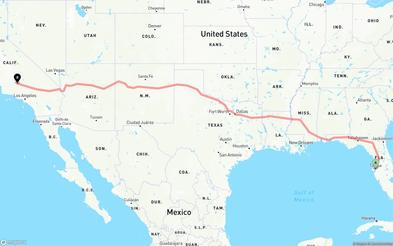 Shipping route from Tampa to Bakersfield