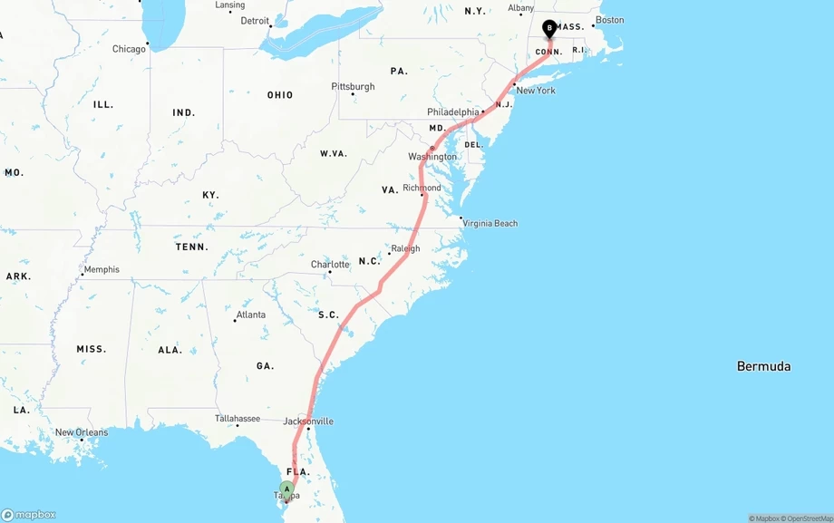 Tampa to Bradley International Airport freight shipping route map