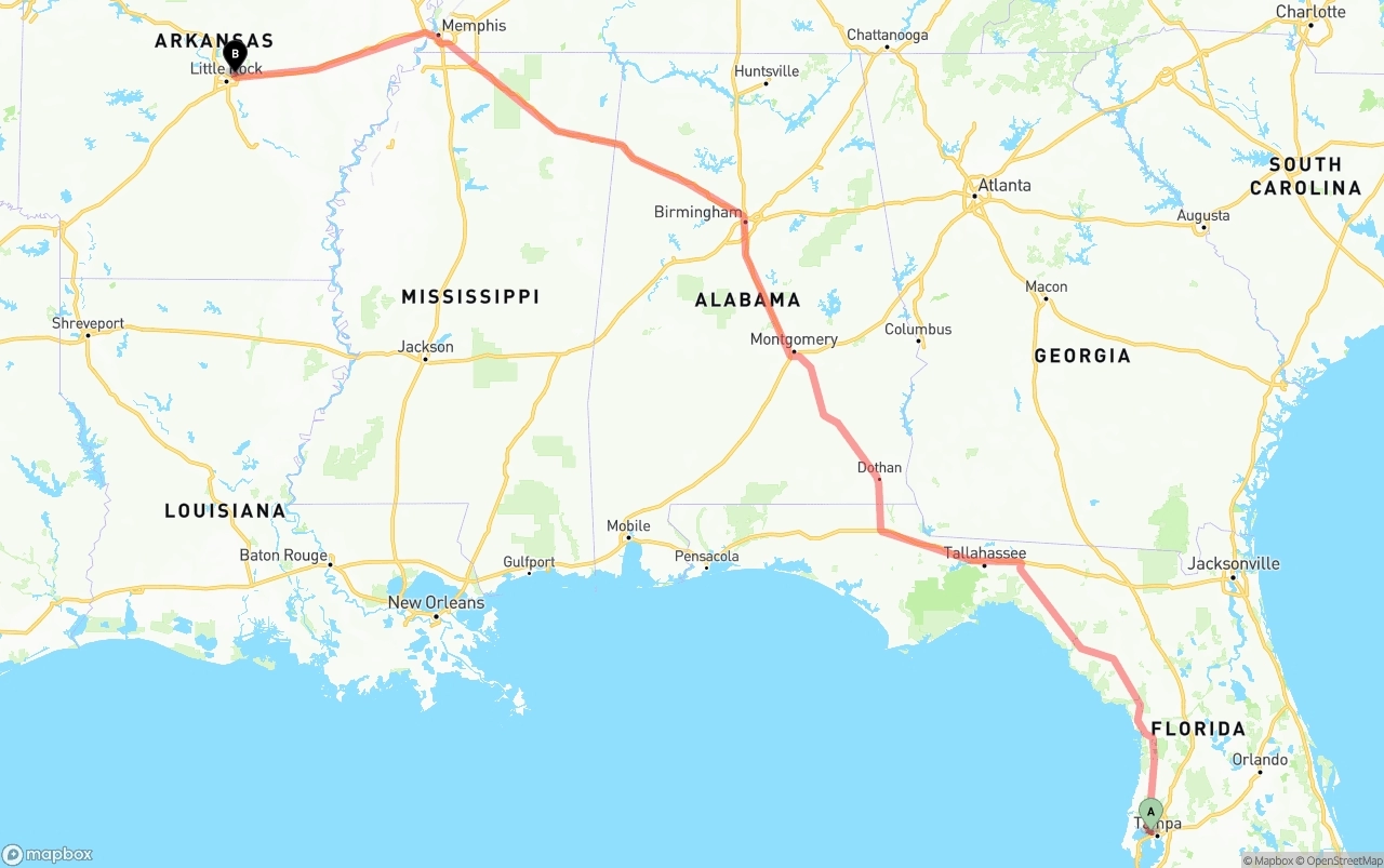 Shipping route from Tampa International Airport to Arkansas