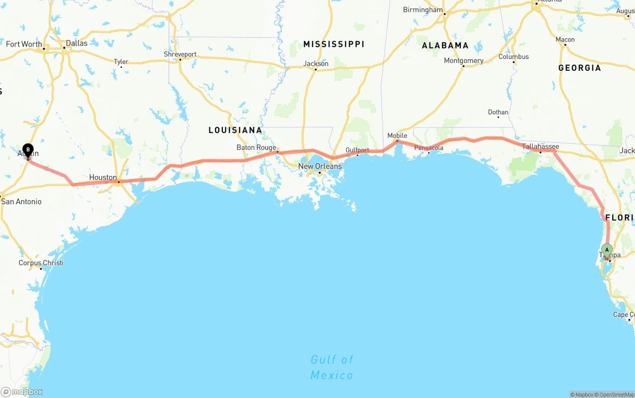 Shipping route from Tampa International Airport to Austin