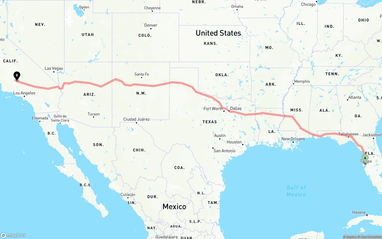 Shipping route from Tampa International Airport to Bakersfield