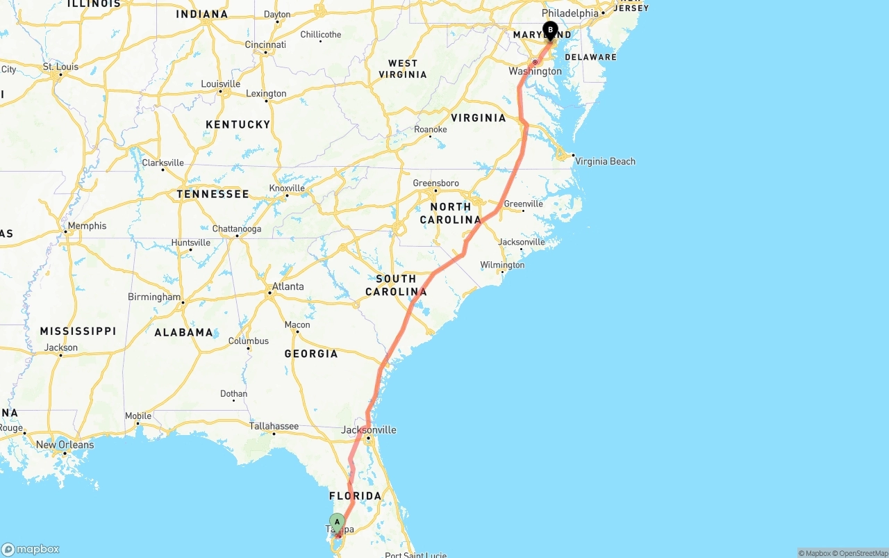 Shipping route from Tampa International Airport to Baltimore