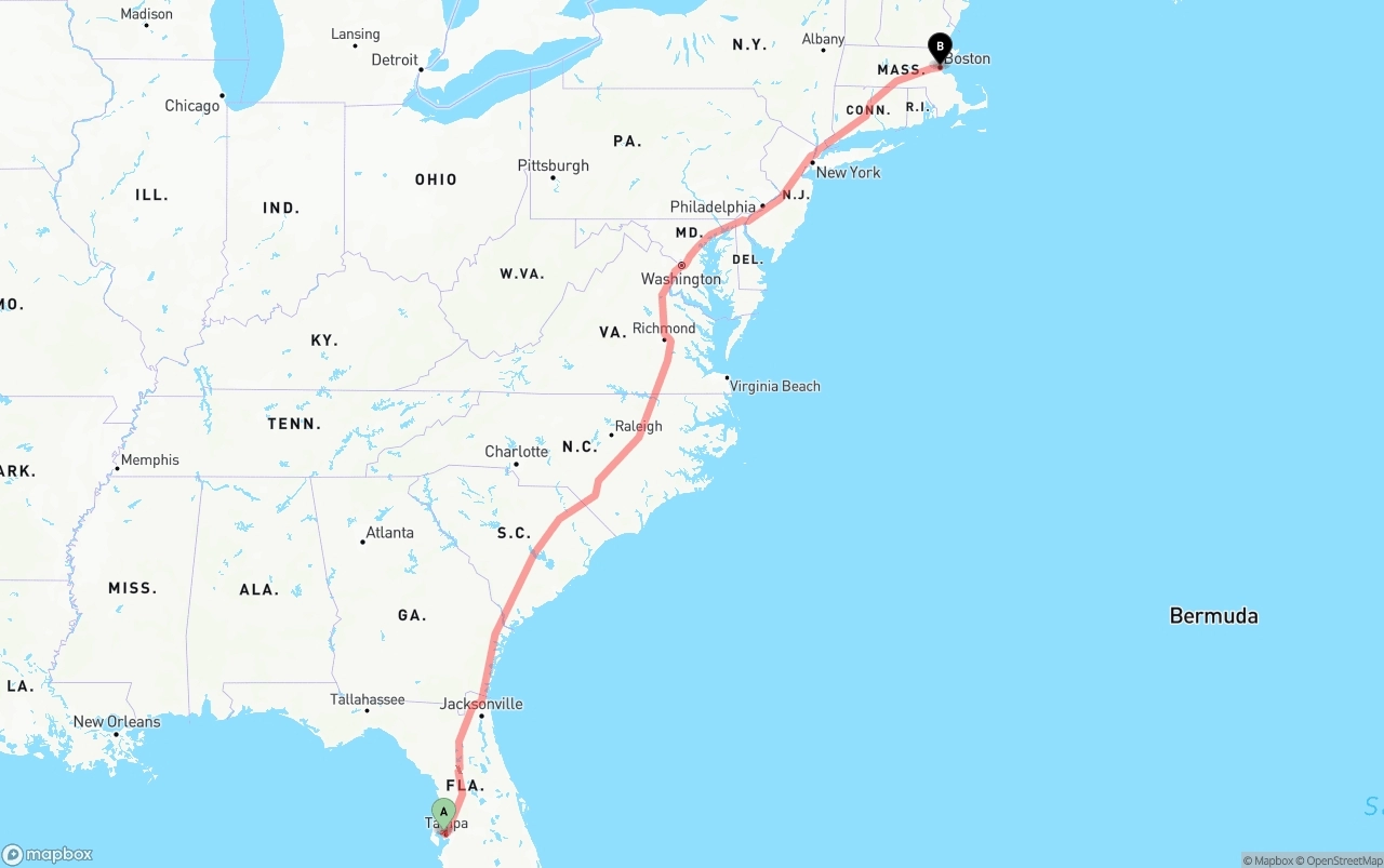 Shipping route from Tampa International Airport to Boston
