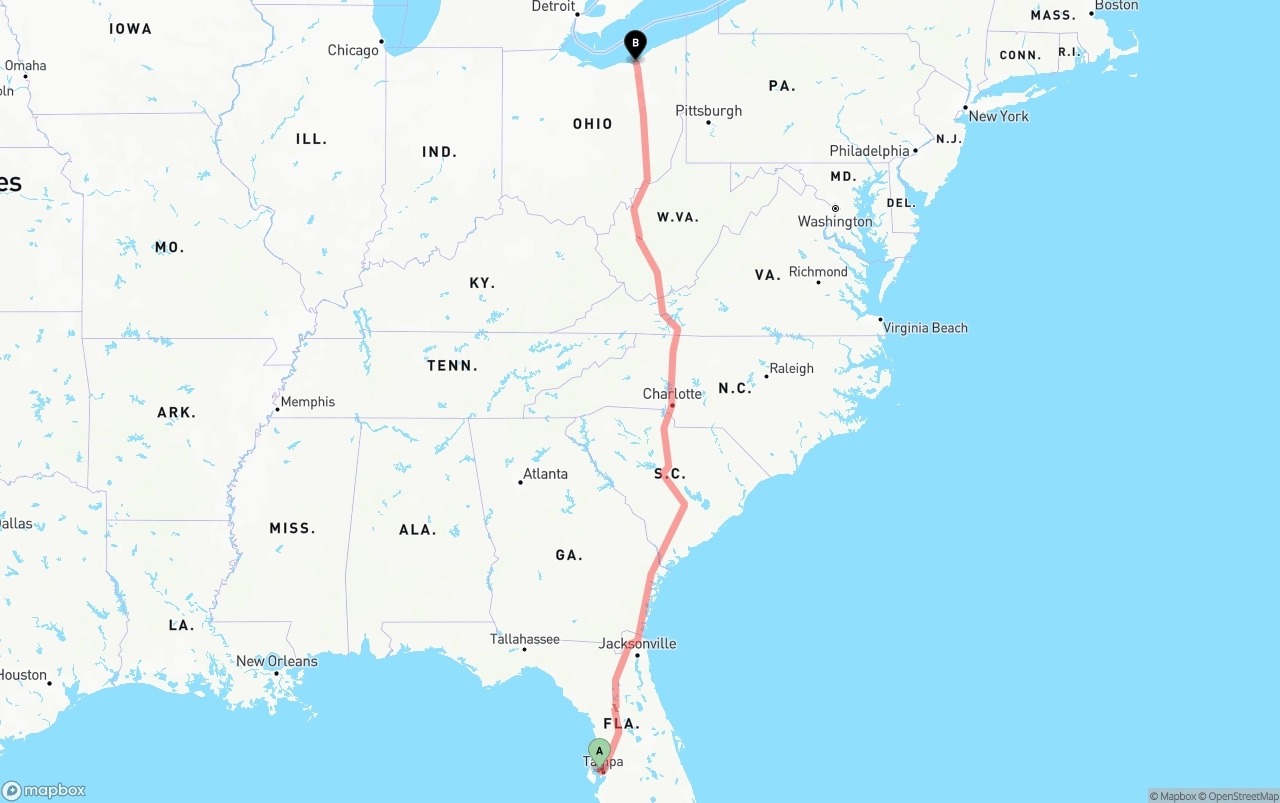 Shipping route from Tampa International Airport to Cleveland