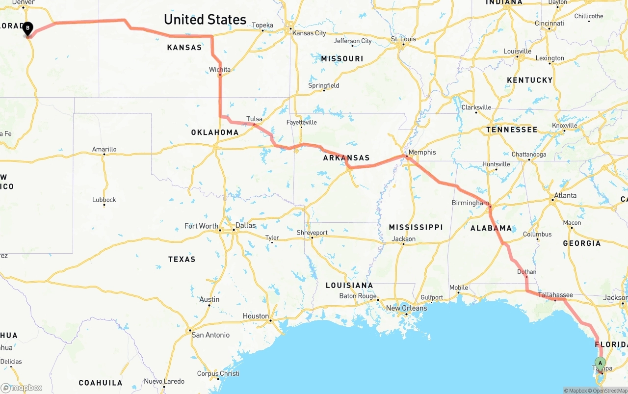 Shipping route from Tampa International Airport to Colorado Springs