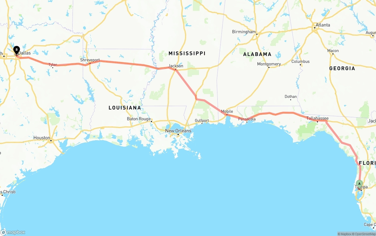 Shipping route from Tampa International Airport to Dallas