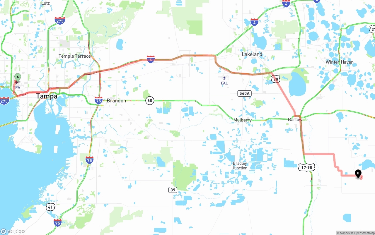 Shipping route from Tampa International Airport to Florida