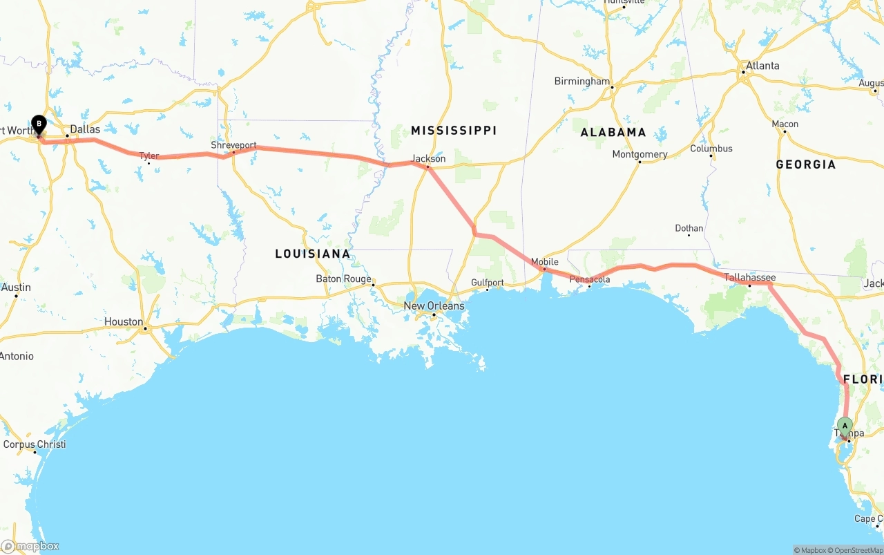 Shipping route from Tampa International Airport to Fort Worth