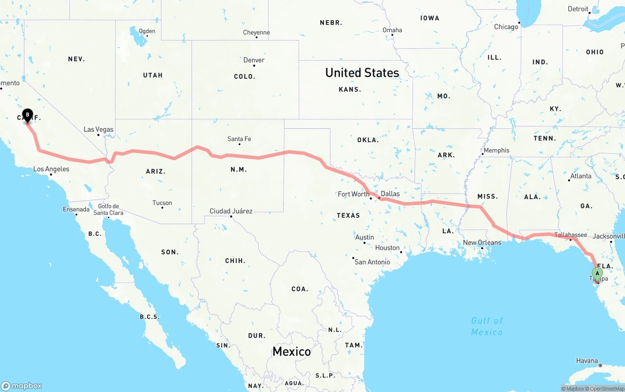 Shipping route from Tampa International Airport to Fresno