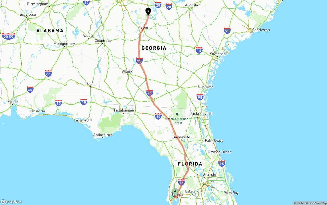 Shipping route from Tampa International Airport to Georgia