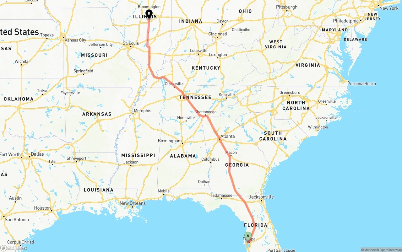 Shipping route from Tampa International Airport to Illinois