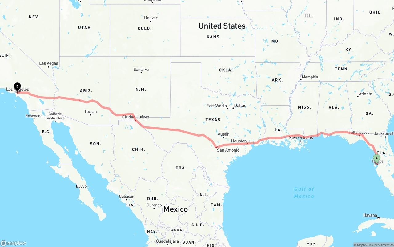 Shipping route from Tampa International Airport to Los Angeles
