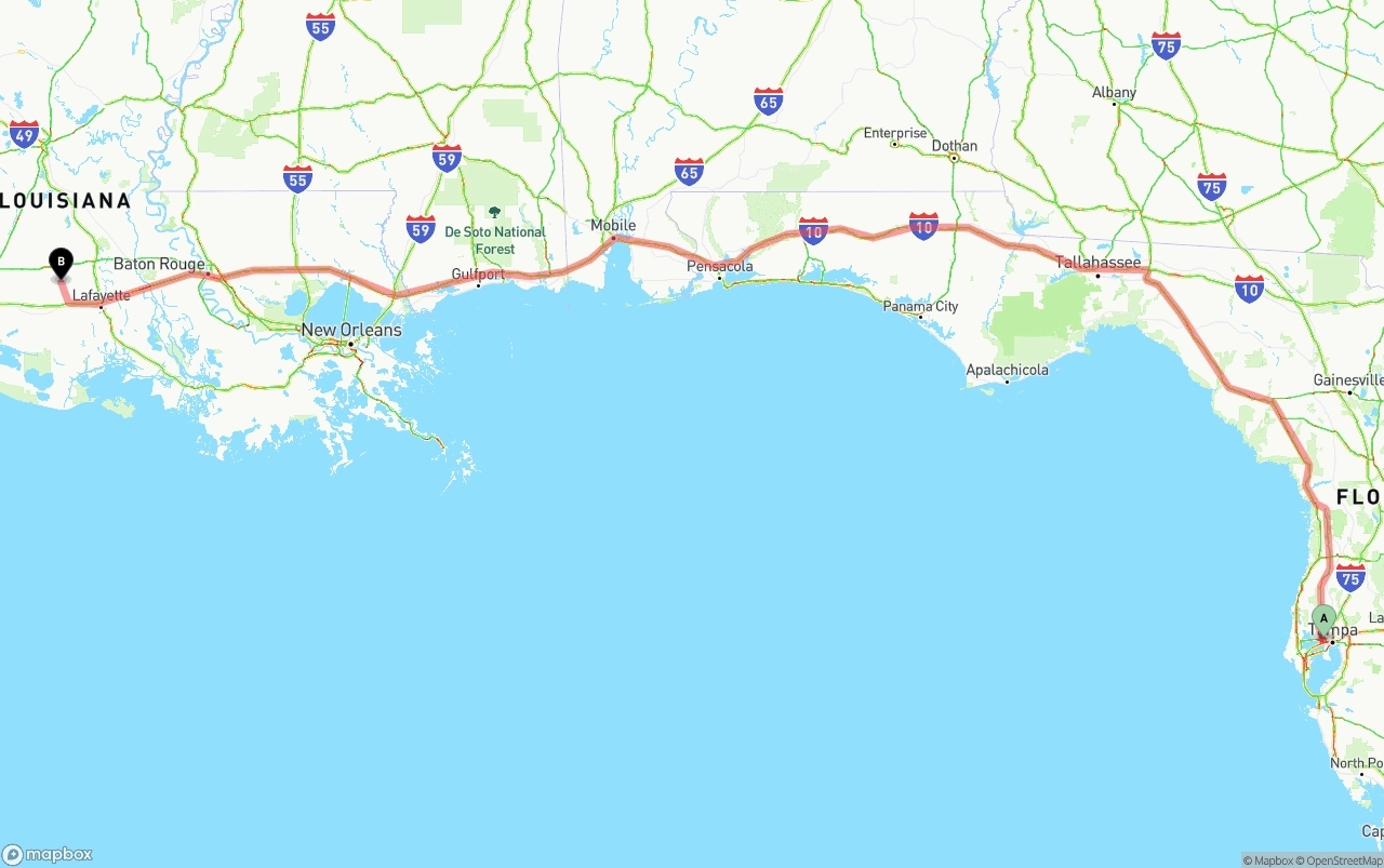Shipping route from Tampa International Airport to Louisiana