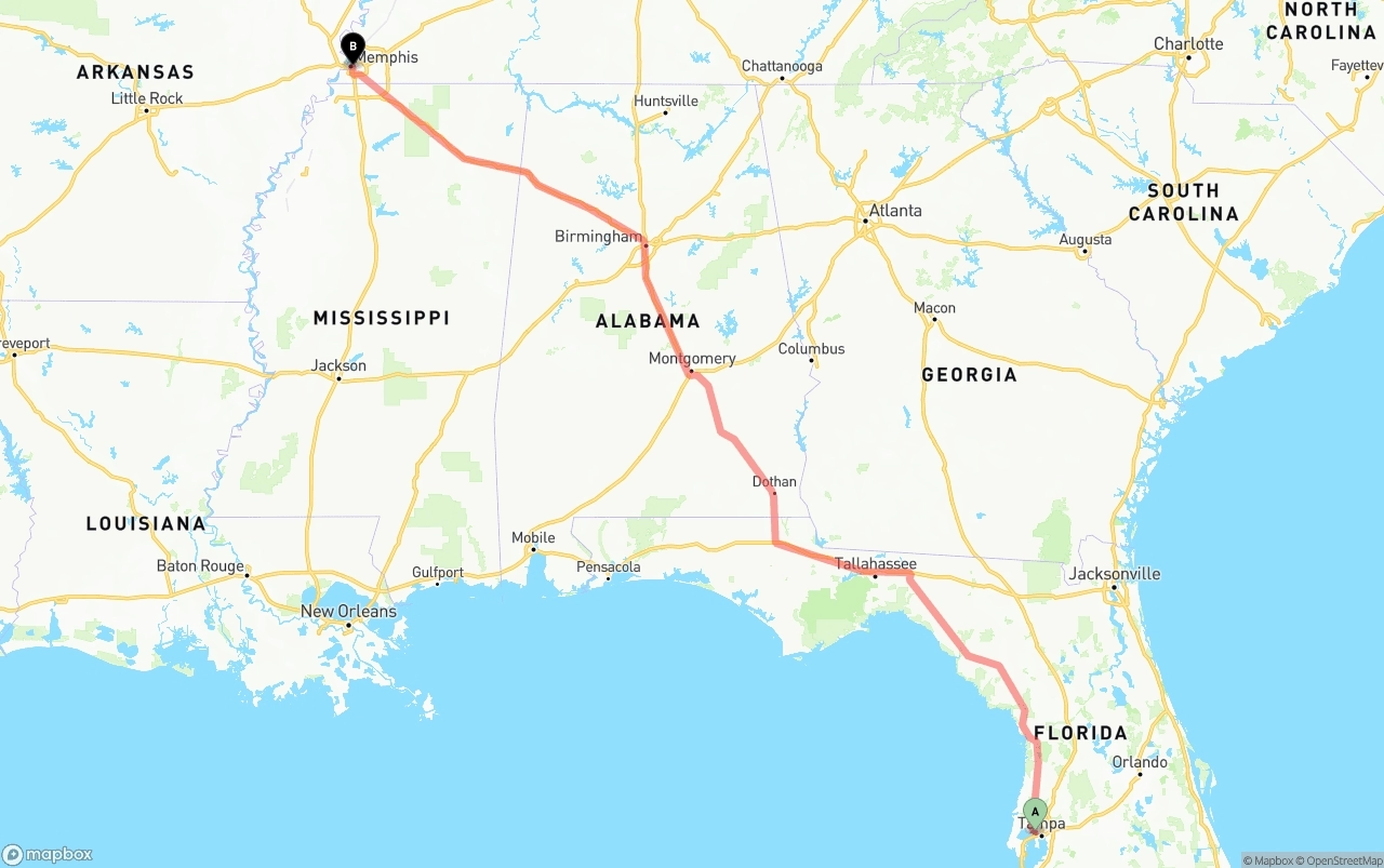 Shipping route from Tampa International Airport to Memphis