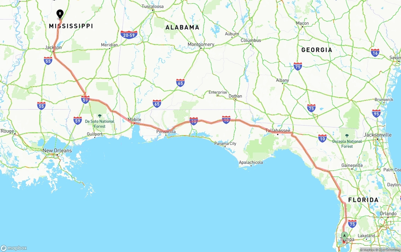 Shipping route from Tampa International Airport to Mississippi